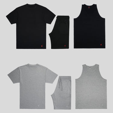 Weekend short set bundle – two matching sets with tee, shorts, and tanks in black and gray